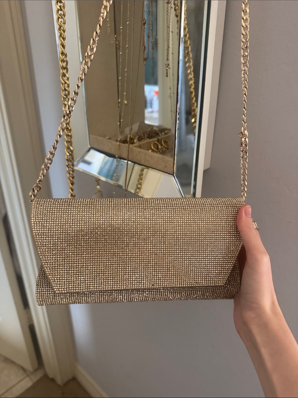 REVOLVE Gold Rhinestone Chain Shoulder Clutch